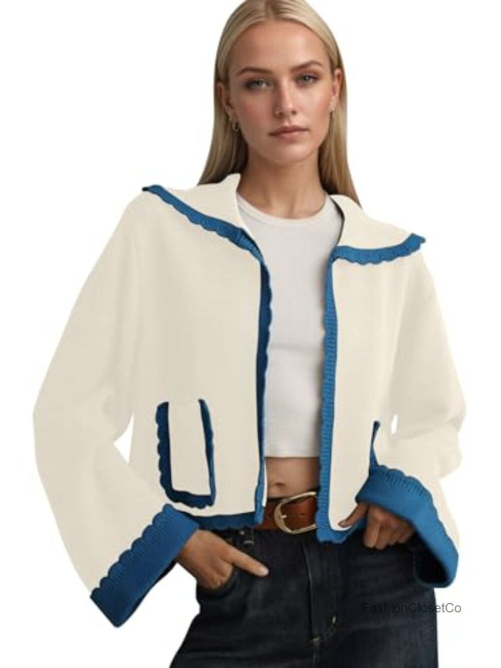 Women's Scallop Trim Cardigan Sweater Bell Sleeve Knit Open Front